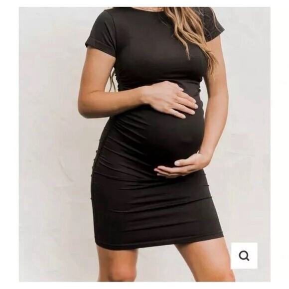 Blanqi Everyday Maternity Crewneck Mini Dress Cap Sleeve Ruched Bodycon M L - Picture 2 of 6
